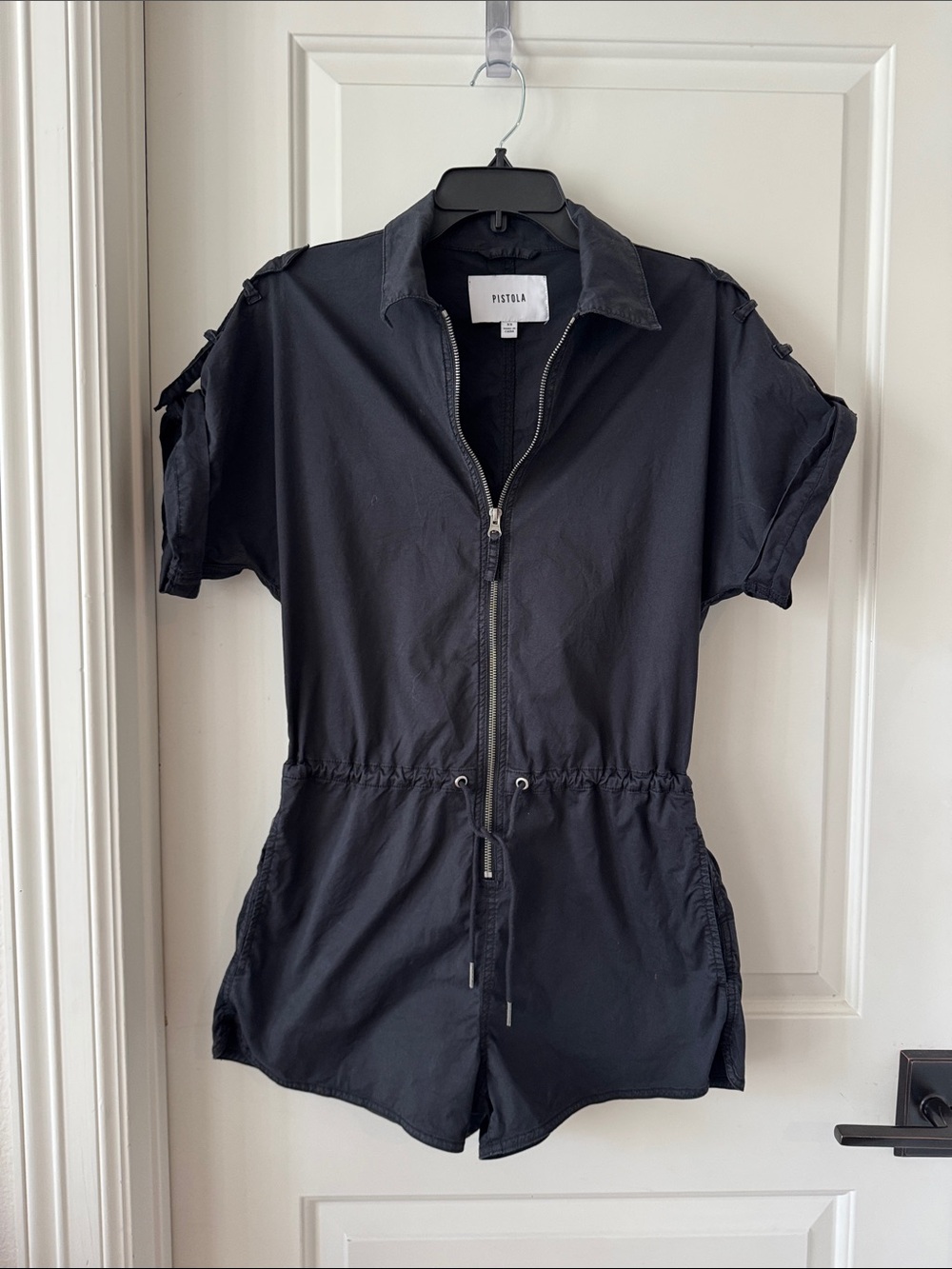 pistola Black Zip-Front Utility Romper With Drawstring Waist